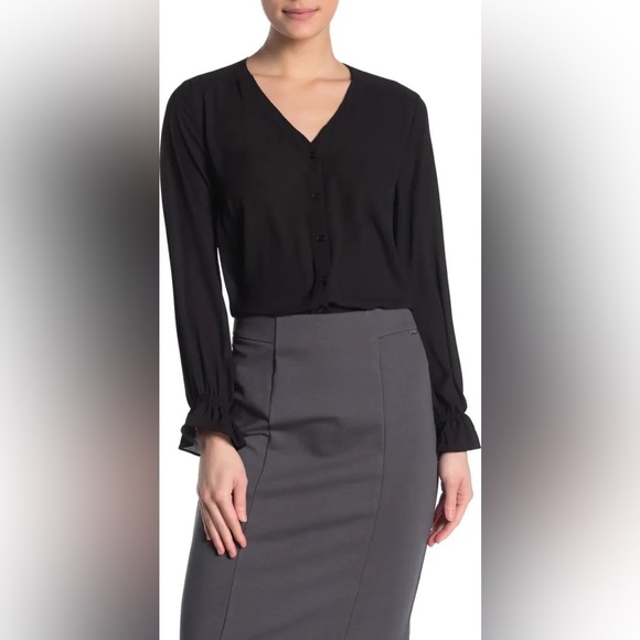 T Tahari Feminine Button Front Long Sleeve Blouse Black Size S - Picture 1 of 8